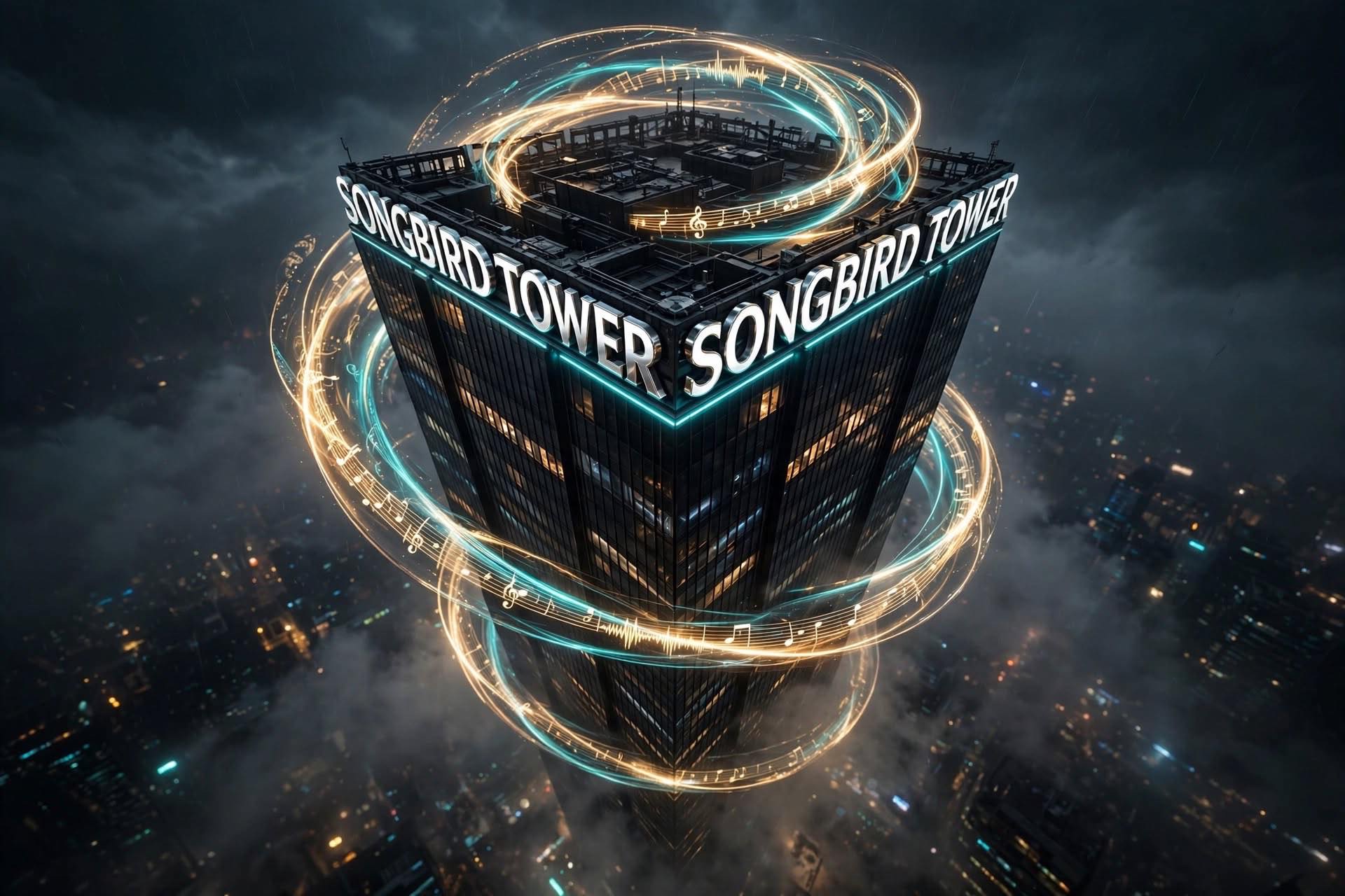 Songbird Studio tower overlooking SonoRix City at dusk